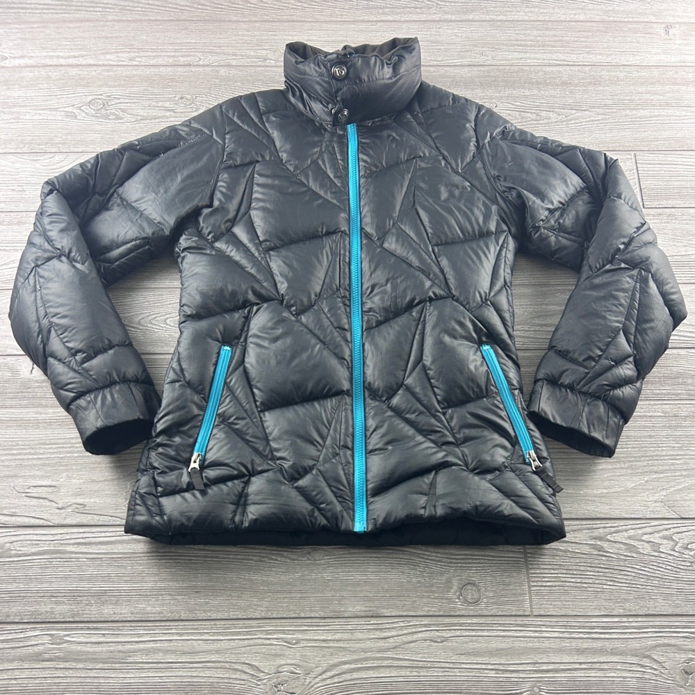 Burton Puffy Snowboard Jacket Black Geometric Quilt Down Insulated Turquoise M